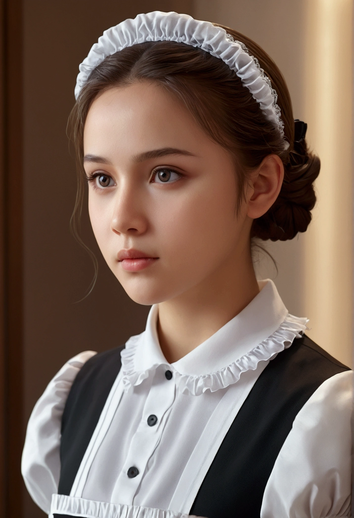 8K, of the highest quality, masutepiece:1.2), (Realistic, Photorealsitic:1.37), of the highest quality, masutepiece, Beautiful young woman, Pensive expression, Gentle eyes, Cute Maid Clothes, Hair tied back, feeling radiant, Cinematic background,, Light skin tone