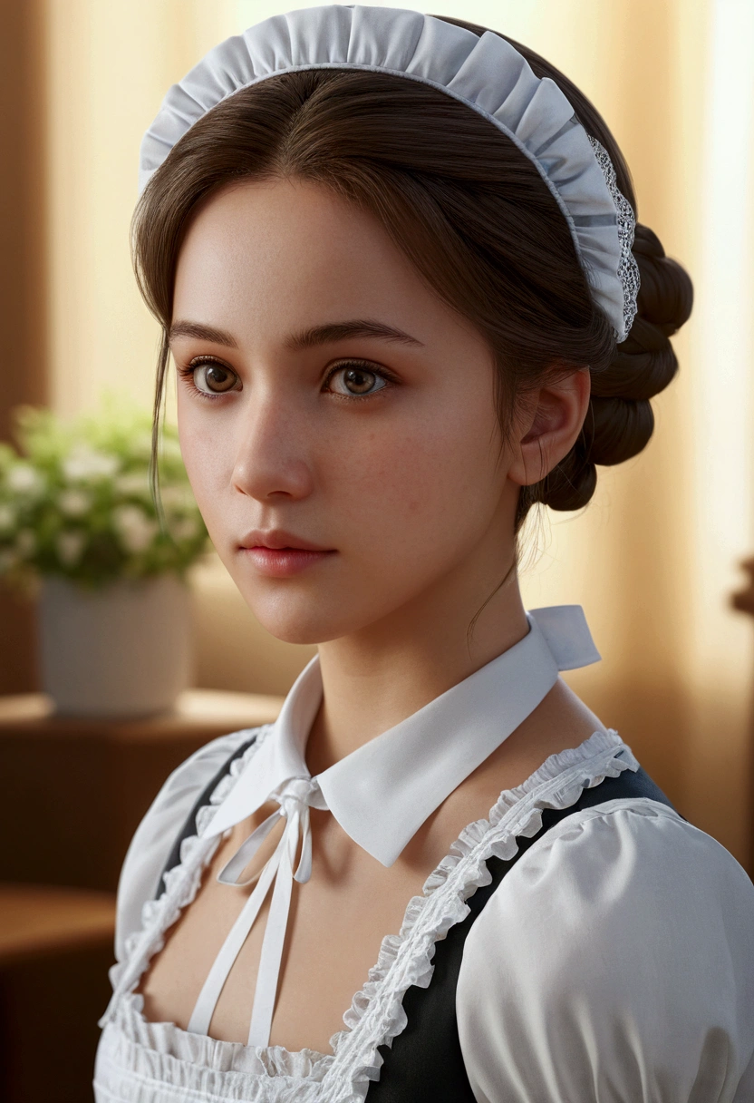 8K, of the highest quality, masutepiece:1.2), (Realistic, Photorealsitic:1.37), of the highest quality, masutepiece, Beautiful young woman, Pensive expression, Gentle eyes, Cute Maid Clothes, Hair tied back, feeling radiant, Cinematic background,, Light skin tone