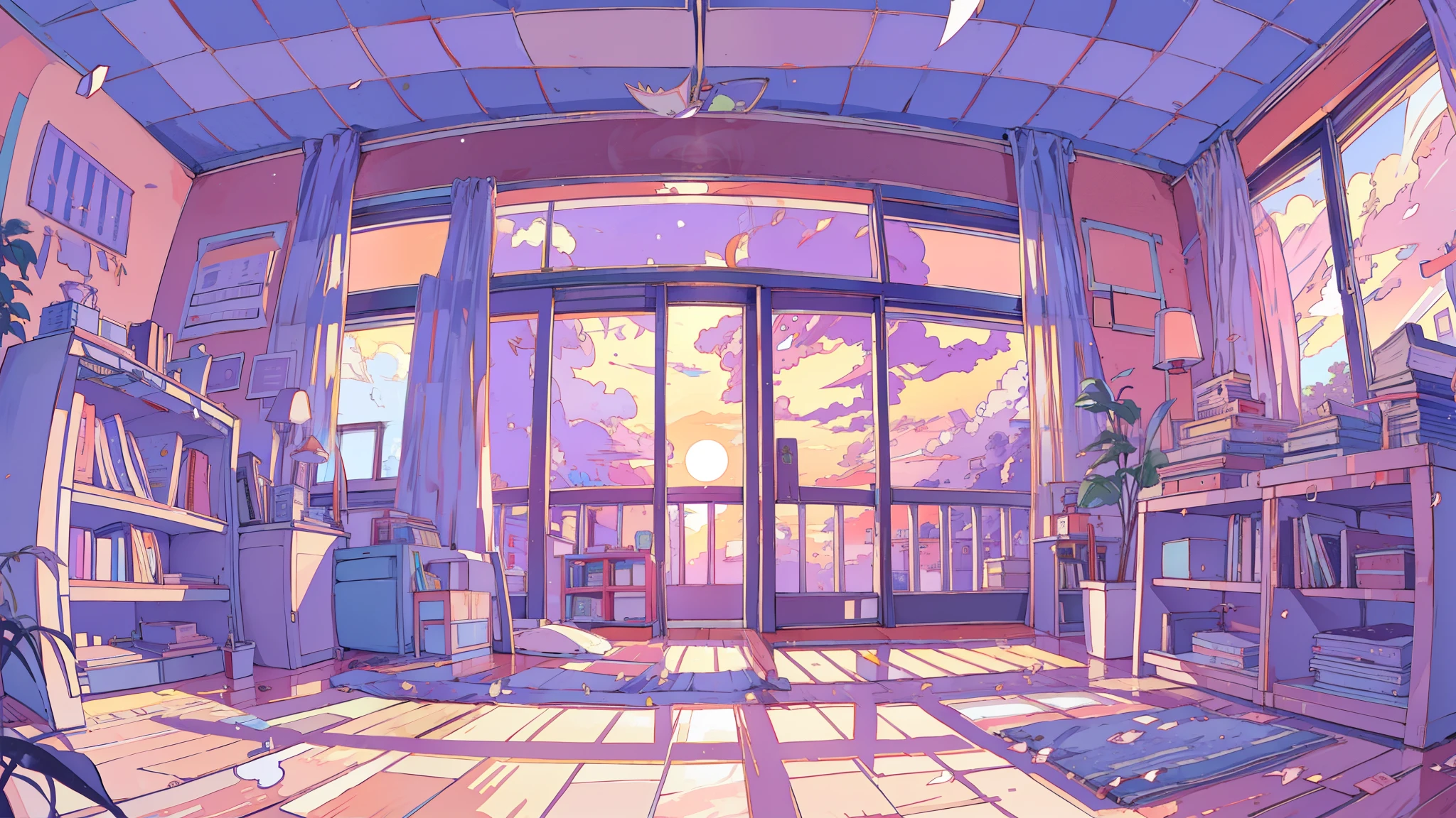 Inside the room, Hardwood Floors, Bookshelf, Foliage plant, Big cloud outside the window, Portrait,sunset,School、Schoolyard、null、homework