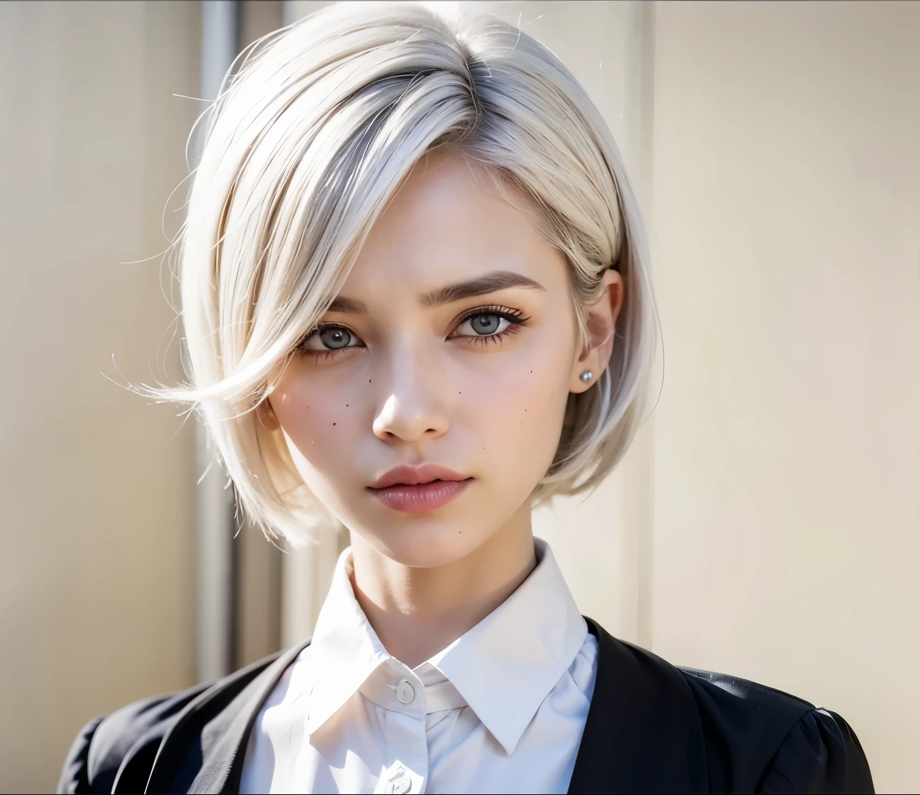 Women, short white hair covered 1 eyes, black eyes, dress blue shirt with white edges