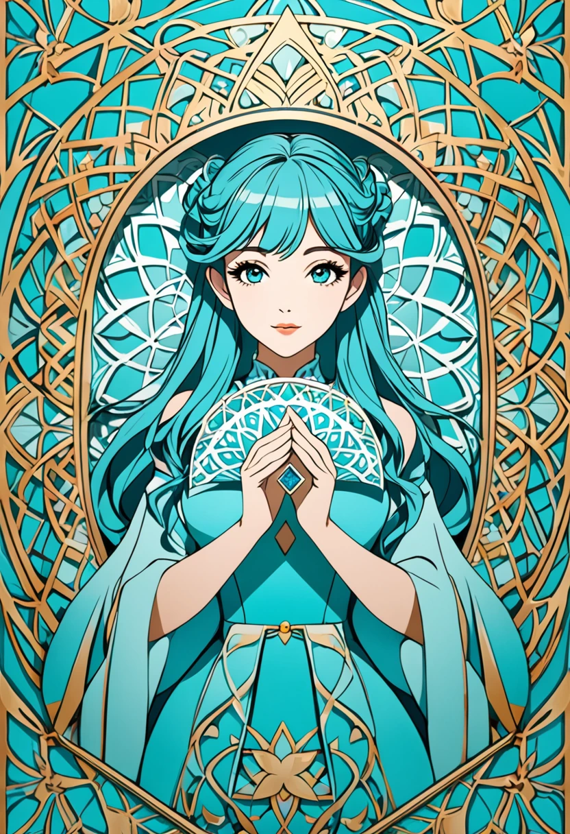 all Tiffany Blue, beautiful woman and kaleidoscope, tarot card frame design, 2.5D, delicate and dynamic, fusion of paper cutting and shadow puppetry, shading, gradation, artwork
