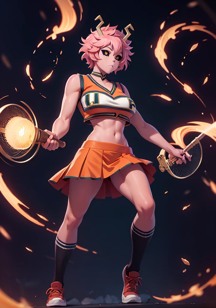 mina ashido, 1girl, solo, looking at viewer, short hair, simple background, yellow eyes, pink hair, horns, colored skin, colored sclera, black sclera, pink skin, U.A. CheerUniform, orange skirt, (bare belly), perfect shading, bare shoulders, big breasts