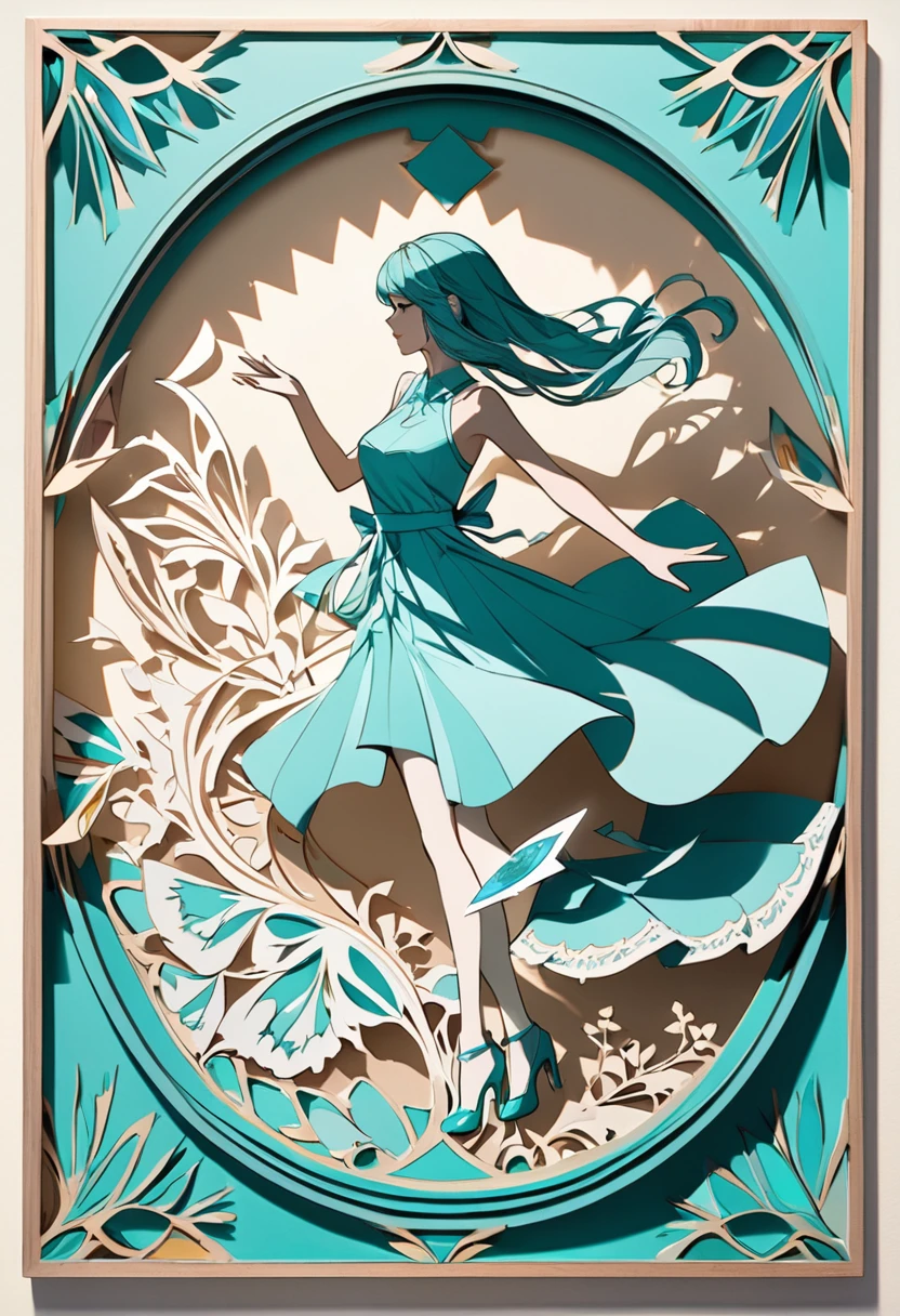 all Tiffany Blue, beautiful woman and kaleidoscope, tarot card frame design, 2.5D, delicate and dynamic, fusion of paper cutting and shadow puppetry, shading, gradation, artwork