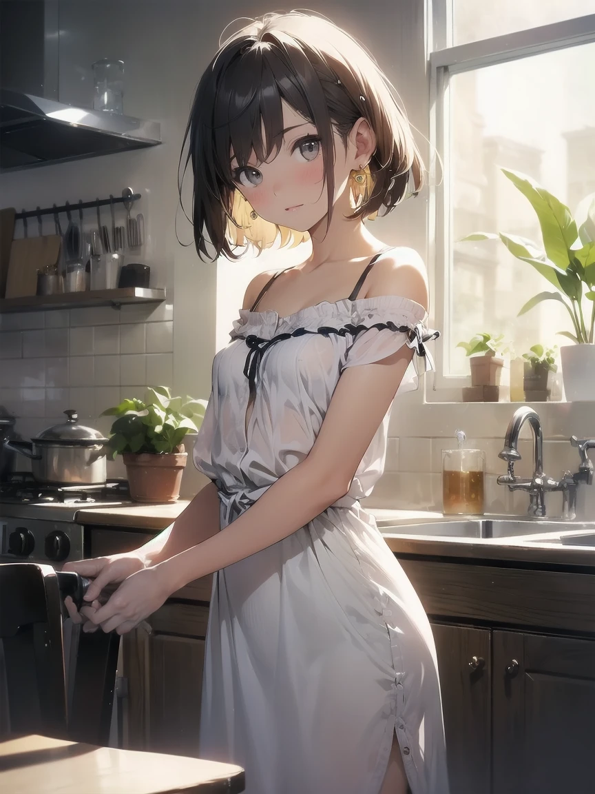 (Small breastss:1.3), (Perky breasts:1.1), (Pointed Chest:1.0), (Fashion magazine cover:1.3),(From below:1.0),(From the side:0.9),masterpiece, 26-year-old girl, Great cleavage:1.1, Narrow waist, Big Ass, Raised to be sexy, Small breasts: 1.3, ポーズをandった胸の谷間:1.2、alone, View your viewers, Open your mouth, Beautiful beer glasses,Blonde, Dark green eyes, A dress that exposes the shoulders, clavicle, Side Lock, hair band, Gemstone Earrings, indoor, plant, short hair and long locks, gold hair band, Off-the-shoulder sweater dresses, Red sweater dress, Dark Gorgeous Hair, Very long side hair,Rendered (masterpiece: 1.2, Highest quality), and (Ultra-high resolution) And exquisite (Depth of written boundary),This masterpiece is not only visually stunning but also tells,Cooking scene in the kitchen at a cooking class