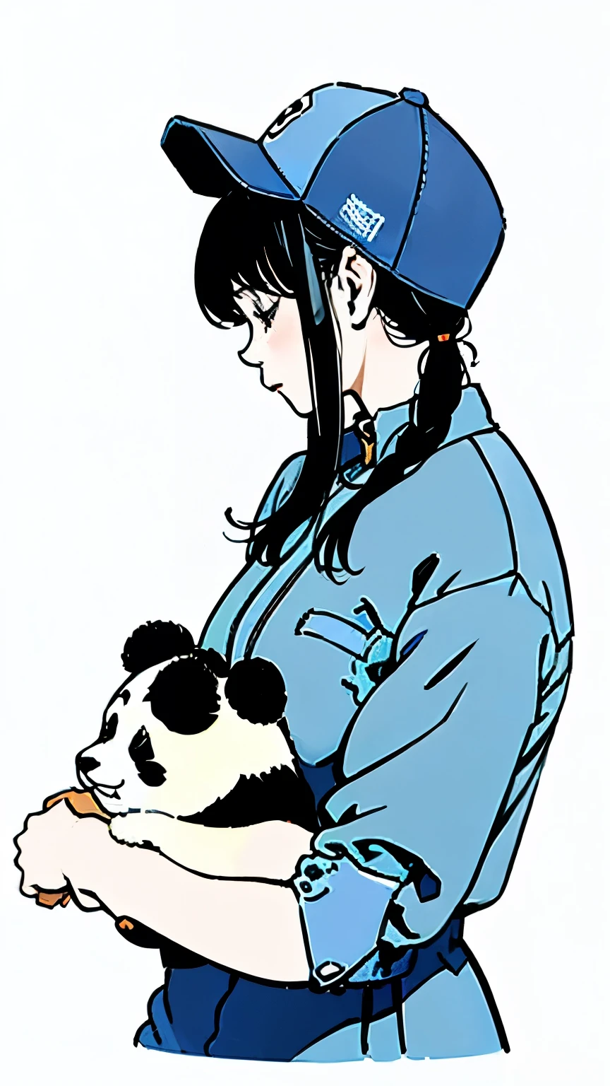 Giant panda hugging a girl、profile、Upper Body、Blue jumpsuit、Blue baseball cap、sunny、Dropped ears、Simple Background