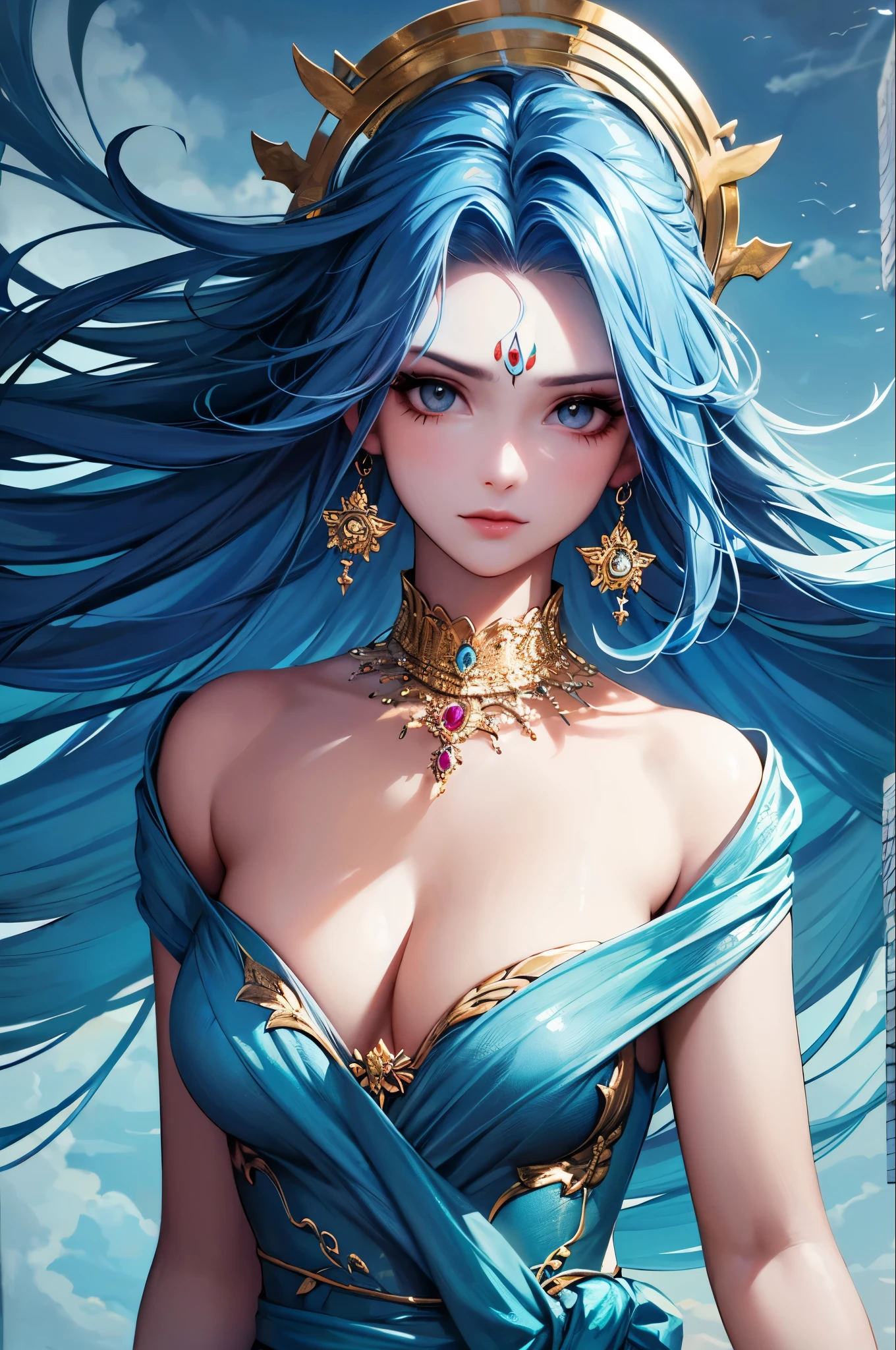 Highest quality, Learning, Detailed Hair, High resolution, necklace, hair ornaments, (Beautiful Face), Blue clothes, View your viewers, Blue Hair, Are standing, (Above the waist),Medusa