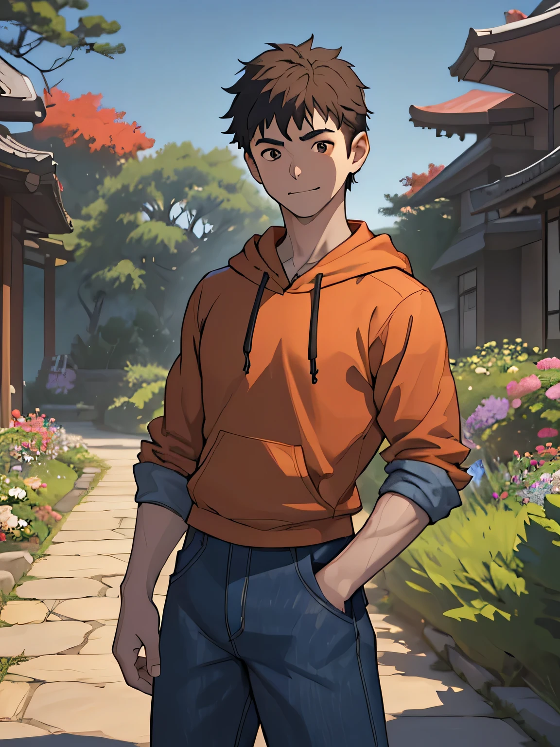((masterpiece)), ((best quality)), (ultra-detailed), (((((Garden of Japan house, Not in the shade, Landscape, cowboy shot))))), (8k, ultra-detailed, 1boy, solo, 16 year old boy, worm eyes, Natural smile), Young boy, ((((Height: 168cm, 6.5 heads, baby face, Innocent face, ruddy skin, Toned body)))), (Black Short straight hair, brown eyes), Vivid colors, ((A loose fitting plain hoodie, The sleeves reach to the elbows), Denim trousers)