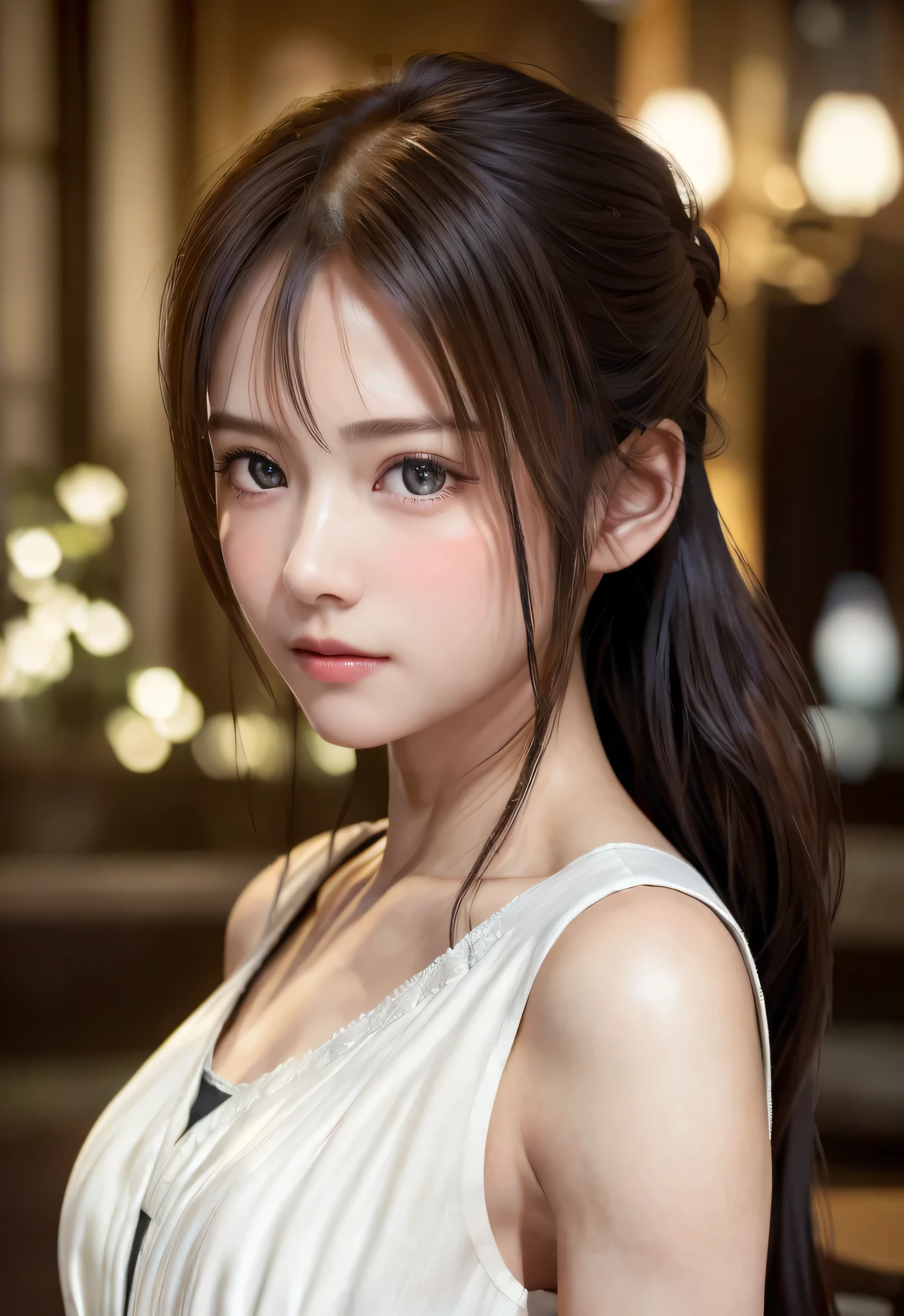 8K, of the highest quality, masutepiece:1.2), (Realistic, Photorealsitic:1.37), of the highest quality, masutepiece, Beautiful young woman, Pensive expression,、A charming、and an inviting look, Cute Maid Clothes, Hair tied back, Cinematic background, Light skin tone