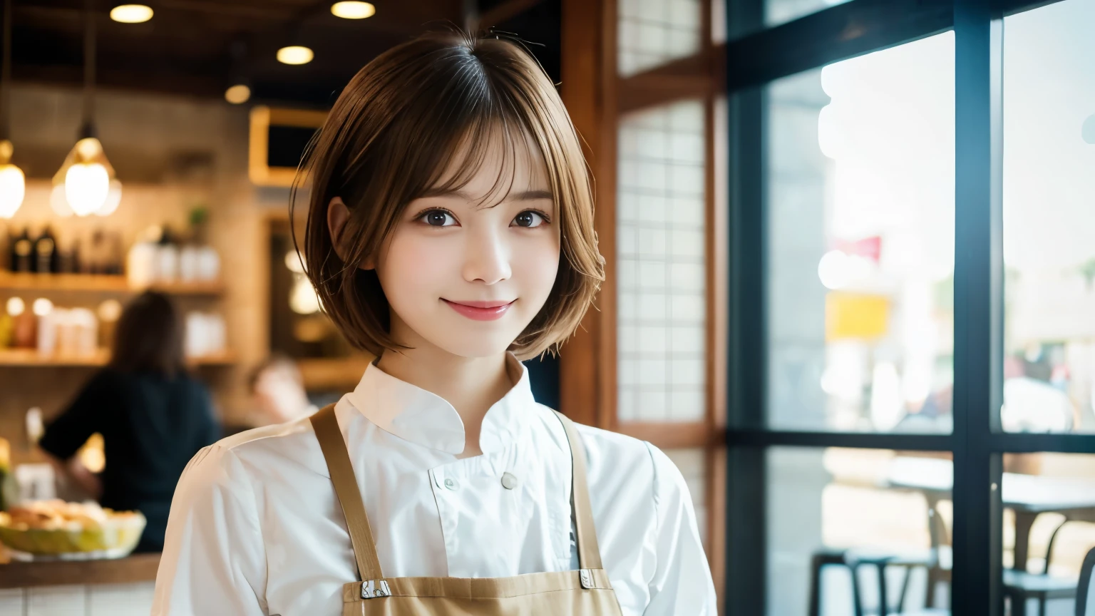 super high quality, Fashion Model, smile, Slenderのネックレス, Slender, The staff is working at the counter in the back., (8k、RAW Photos、Highest quality、masterpiece:1.2), Japanese Idol, Stylish café, (Realistic、Photorealistic:1.37), Mesh Hair, Urban Cafe, Golden Ratio, Raw photo, Cute face , Light Brown Hair, Small breasts, Bright cafe interior, Blurred Background, Summer clothes, Beautiful hairstyle, Photographed inside the cafe, Hair blowing in the wind, Very Short Hair, 18-year-old, Pastry Chef Uniform, 
