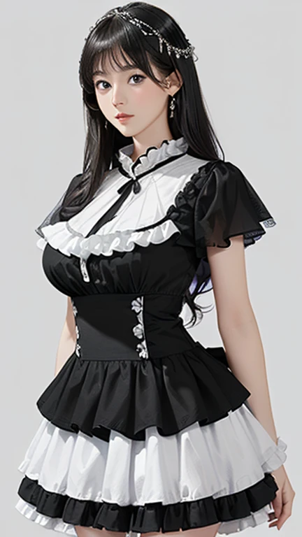 (((Masterpiece))),((top quality)),one beautiful girl,bangs、(long hair:1.5)、(((big breasts)))、23 years old、(Gorgeous white, grey and black ruffled dress:1.5)、race、 beautiful digital art work, beautiful fantasy art,(The background is plain:1.5)、