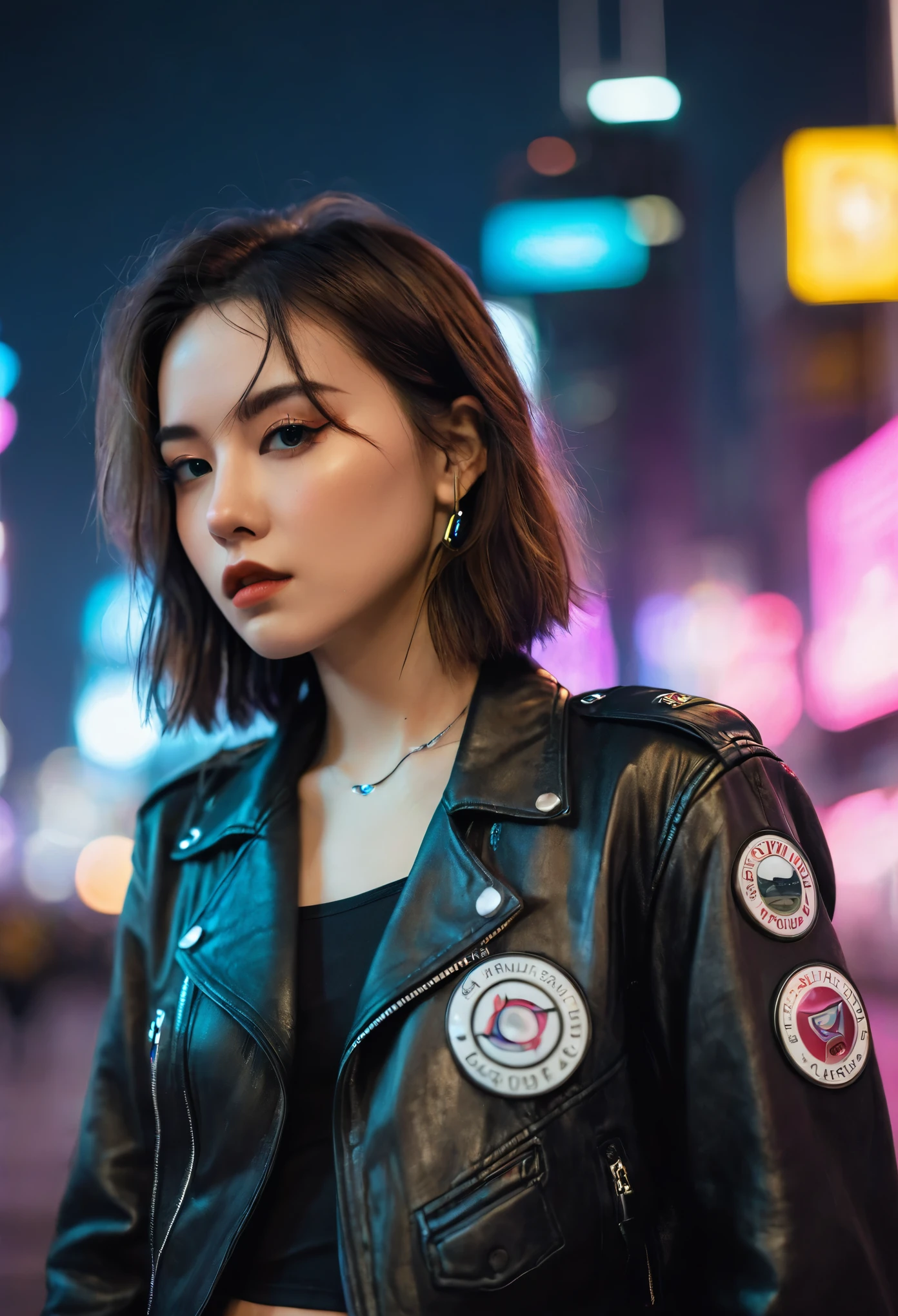 Portrait of emb-haiz, Pretty Face, Cyberpunk city by night. She was wearing a leather jacket,underwear,  Black jeans, Dramatic Lighting, (badge:1.2).