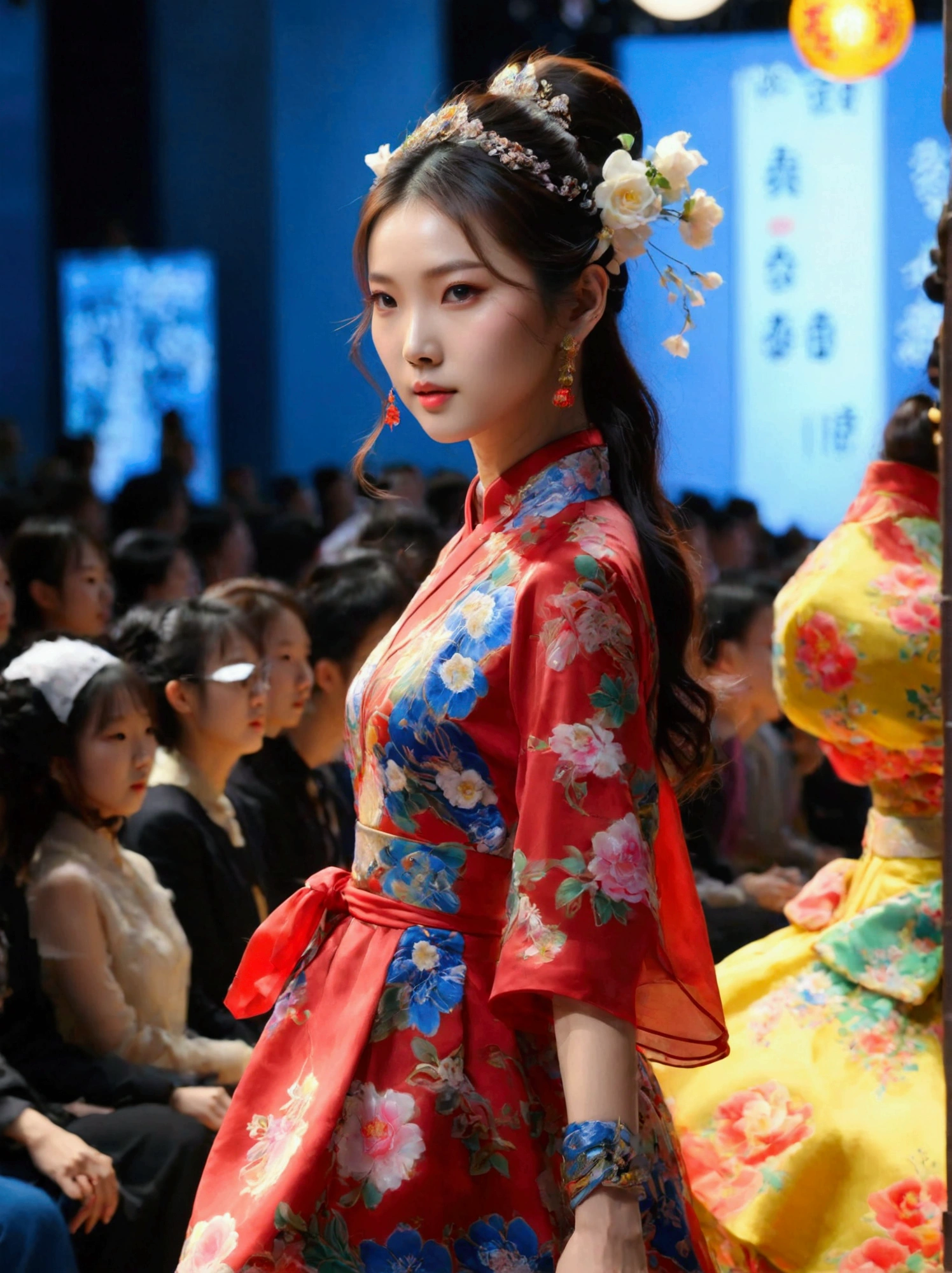 A model stands on the catwalk。This model is a beautiful Chinese girl，High fashion on display。The skirt she wore was exaggerated，Cascading，Bright colors，Complex pattern。The catwalk is brightly lit，The flash flashes，Blurred crowd in the background。As she confidently walked on the catwalk，The spotlight shines on her，She seized the moment。