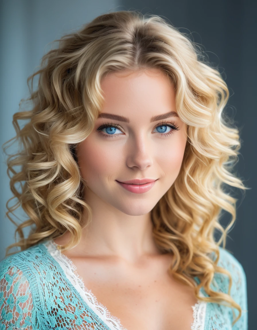 Portrait style image featuring a young woman with striking facial features. She has fair skin, acqua blue eyes, and long, curly blonde hair that frames her face. Her expression is happy and youthful, flirtatious, with slightly parted lips and a direct gaze into the camera. She is wearing a light-colored top with a lace detail visible at the neckline, and a gray cardigan. The background is blurred, focusing attention on her face and upper body. The lighting is soft, highlighting her natural features and hair color.