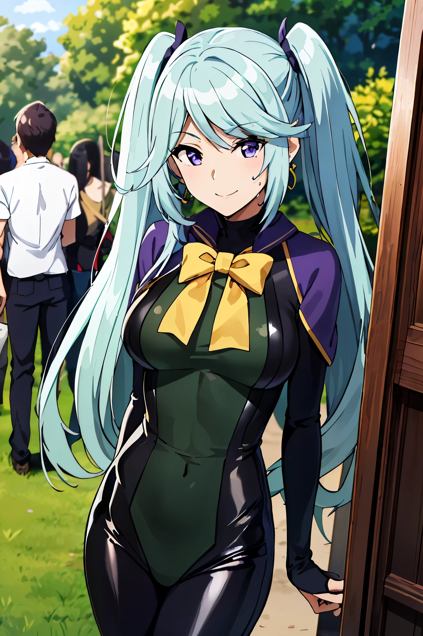 1girl, bangs, blue hair, (shiny black bodysuit:1.5), gold trim, breasts, purple eyes, purple gemstones, smile, solo, very long hair, twintails, 
BREAK (green dress with a yellow bow tie and earrings:1.2),
BREAK （perspire，Sweat a lot，Blushlush，Be red in the face，Blushlush），Stand at the door of the phone booth,arms behind back,
BREAK ball gown, in the garden of trees, wedding decorations, 
BREAK ((top quality, 8k, masterpiece: 1.3, ultra hd, high quality, best quality, high definition, realism)), sharp focus: 1.5, Beautiful woman with Slim body, (perfect hands, perfect anatomy),