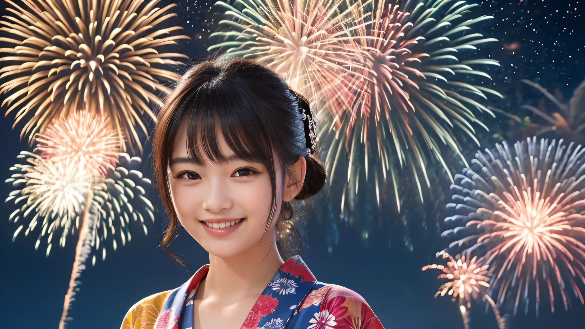 kawaii, (1girl), (happy smile:1.2), (yukata), (Best Quality:1.4), Realistic, extremely detailed CG unified 8k wallpaper, highly detailed, High-definition raw color photos, professional photography, Realistic portrait, Beautiful detailed, Close up portrait of girl, Outdoors, Beautiful scenery, beach, (The night sky, fireworks, beautiful fireworks spreading across the sky:1.4), so beautiful, upper body photos, amazingly beautiful sight, A wonderful, (Fine face:1.2),