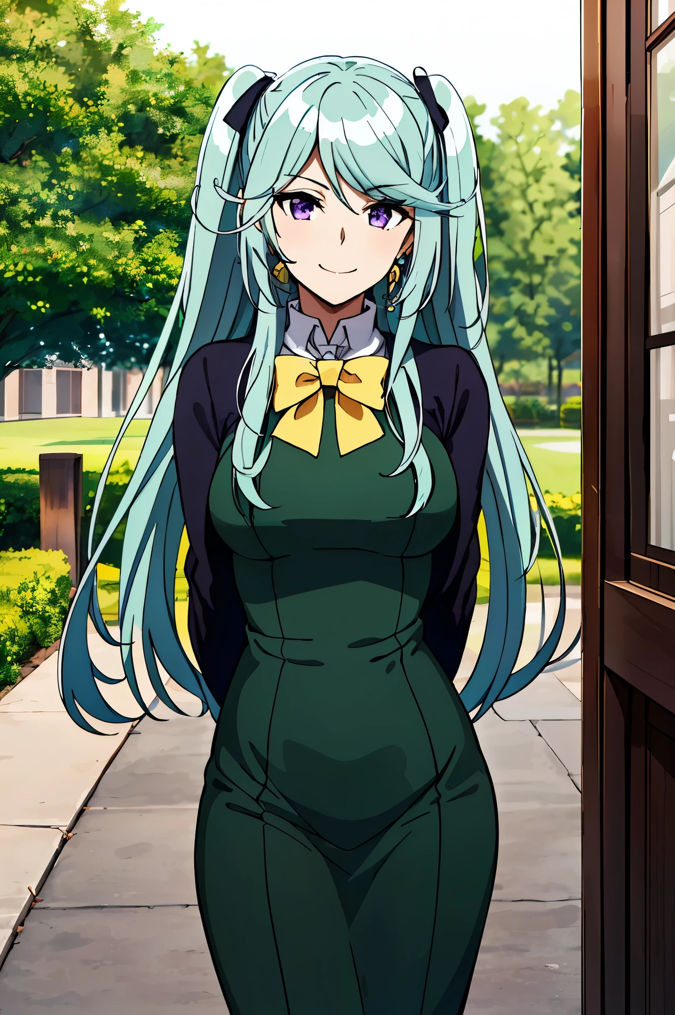 1girl, bangs, blue hair, gold trim, breasts, purple eyes, purple gemstones, smile, solo, very long hair, twintails, 
BREAK (green dress with a yellow bow tie and earrings:1.2),
BREAK （perspire，Sweat a lot，Blushlush，Be red in the face，Blushlush），Stand at the door of the phone booth,arms behind back,
BREAK ball gown, in the garden of trees, wedding decorations, 
BREAK ((top quality, 8k, masterpiece: 1.3, ultra hd, high quality, best quality, high definition, realism)), sharp focus: 1.5, Beautiful woman with Slim body, (perfect hands, perfect anatomy),