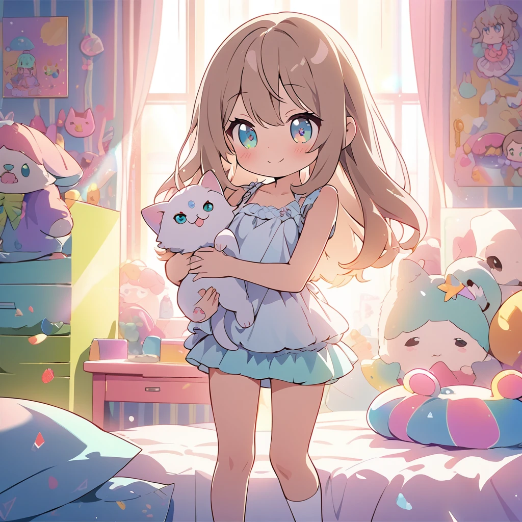 Masterpiece, top quality, 4k, ((2D illustration)), one beautiful girl, ((pastel colors)), (((chibi style))), s old, ((long beautiful hair)), glossy light brown hair, ribbon, cute, beautiful detailed eyes, hair between eyes, tank top, ((mini skirt)), (((dress))), socks, no shoes, cool colors, ((medium shot)), ((happy smile)), ((holding kitten))), ((lots of colorful stuff around)), ((girl's room)), ((bed)), stuffed animal, ((lens flare)), white light on, sunbeam, whole body filled with light, Cinematic lighting, full-body lighting