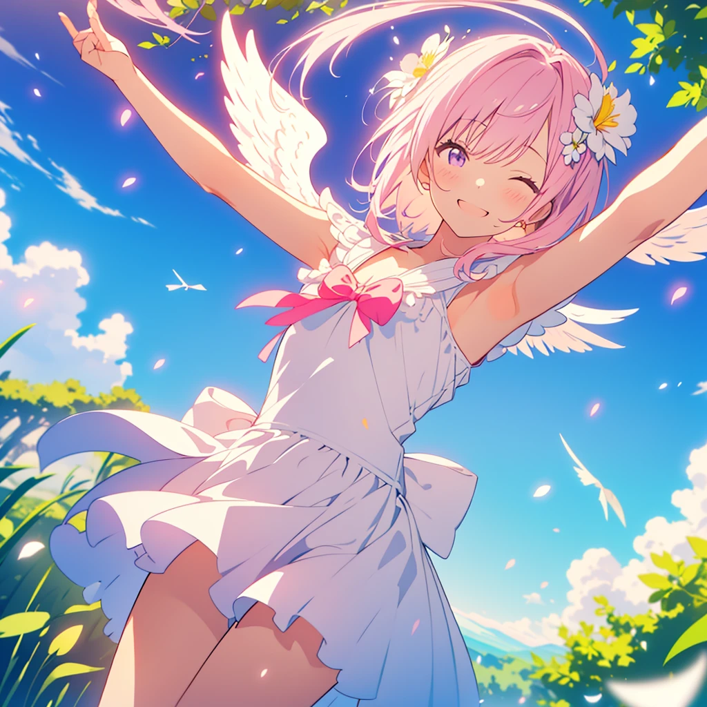 kawaii, anime, Cute, hyper quality, highly detailed, 8k, Clarity, Girl with bright pink smooth short hair, Hold cupid's bow, Detailed facial expressions, lily flower field, Close your eyes and smile, pure, kindness, trust, heart effect, angel wings on the back, heaven, draw a bow, happiness, feeling of happiness, magic effect, angel wings dance, rainbow color effect, iris effect, light atmosphere, sky temple, take off and float in the air, Halo, iris arc, Expanding perspective, Hold a heart-shaped pink bow and a magic arrow, A pose where you close your legs and jump to shoot an arrow., white lily garden, lily petals dance, heart bow and magic arrow, celestial maiden costume,