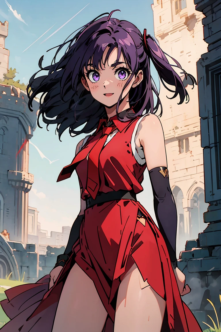 (masterpiece:1.2), (high quality:1.2), reo mikage, blue lock, girls with((1girl, solo, purple hair, (medium hair, right swept bangs, one side up:1.55), bare shoulder, blush, breasts, cowboy shot, navy blue shirt, chinese shirt dress, navy blue cheongsam, navy blue slit, white dress, frills dress, sleeveless, (collared shirt, red necktie:1.45), black armwarmers, elbow armwarmers, princess dress, long dress, frilled dress, (open dress:1.34), black shorts)), background with((fantasy world, ruin, castle, beautiful sky, shining sky, sunshine:1.35))