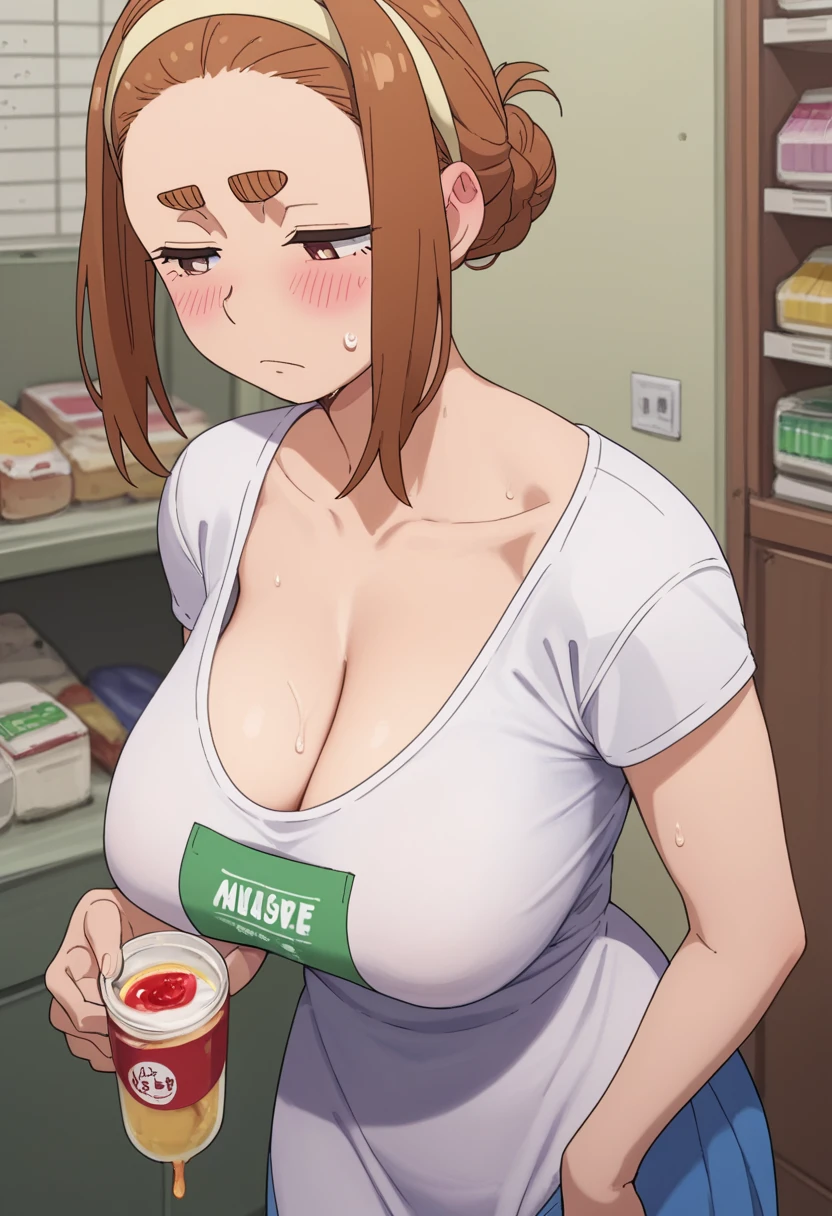 score_9,score_8_wonderful,score_7_wonderful,score_6_wonderful,sauce_anime,Sumireko Ogawa,T-Shirts(tight)Maxi Dresses、One Girl, alone, blush, Single Hair Band,  View your audience, Large Breasts,Cleavage、Saggy breasts、、 Thick eyebrows, Bedroom:1.5、Are standing、Half-closed eyes、Sweat