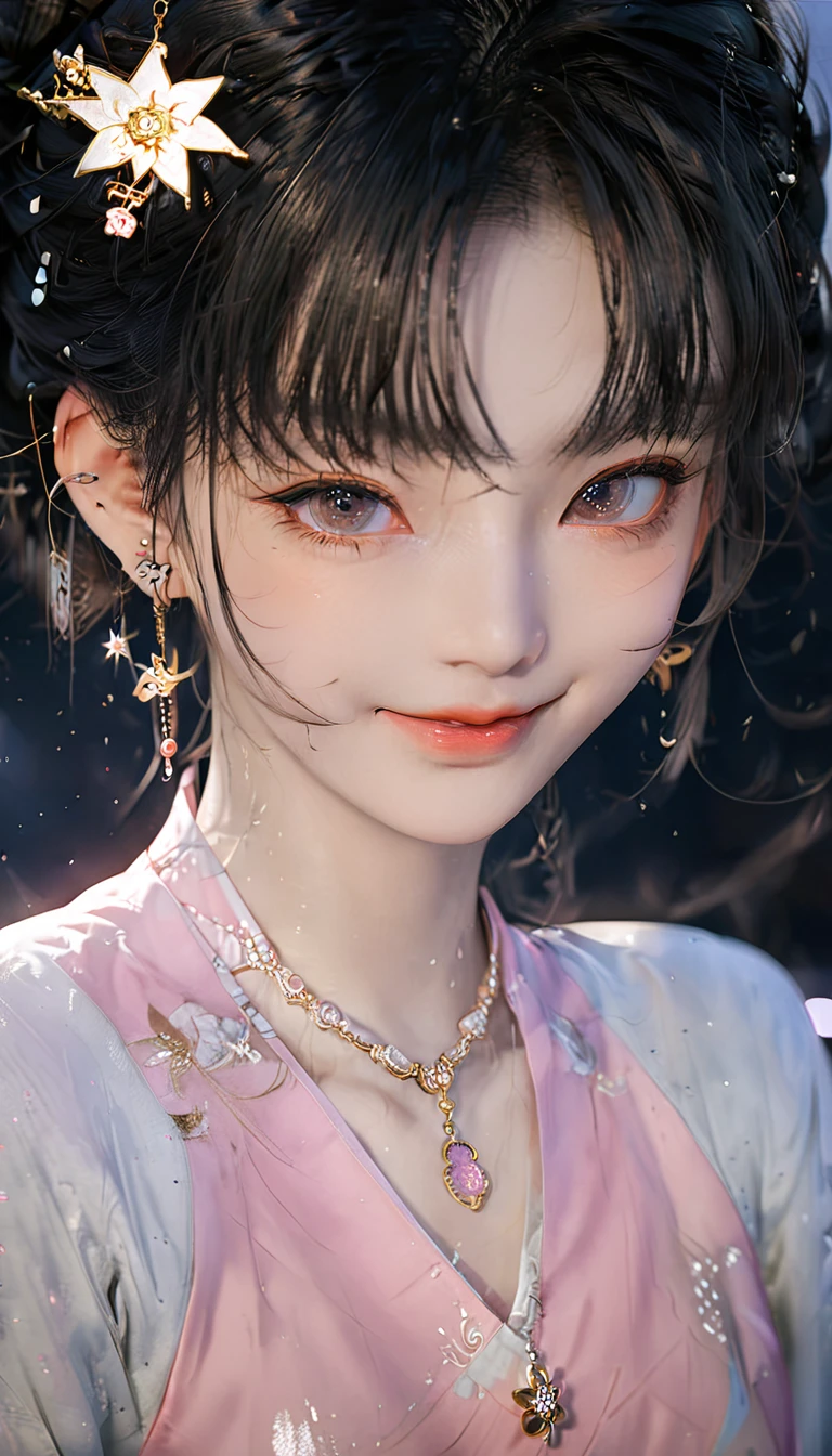 best quality, masterpiece, high resolution, 1 Girl,blush,(Charming smile:0.8),Star-shaped pupil,china hanfu,Hair accessories,necklace, Jewelry,Pretty Face,Above_Body, Tyndall effect,Reality, Dark Studio, Edge lighting, Two-tone lighting,(High Detail Skin:1.2), 8K uhd, Digital SLR Camera, Soft lighting, high quality, Volumetric Lighting, frank, photo, high resolution, 4K, 8K, Bokeh