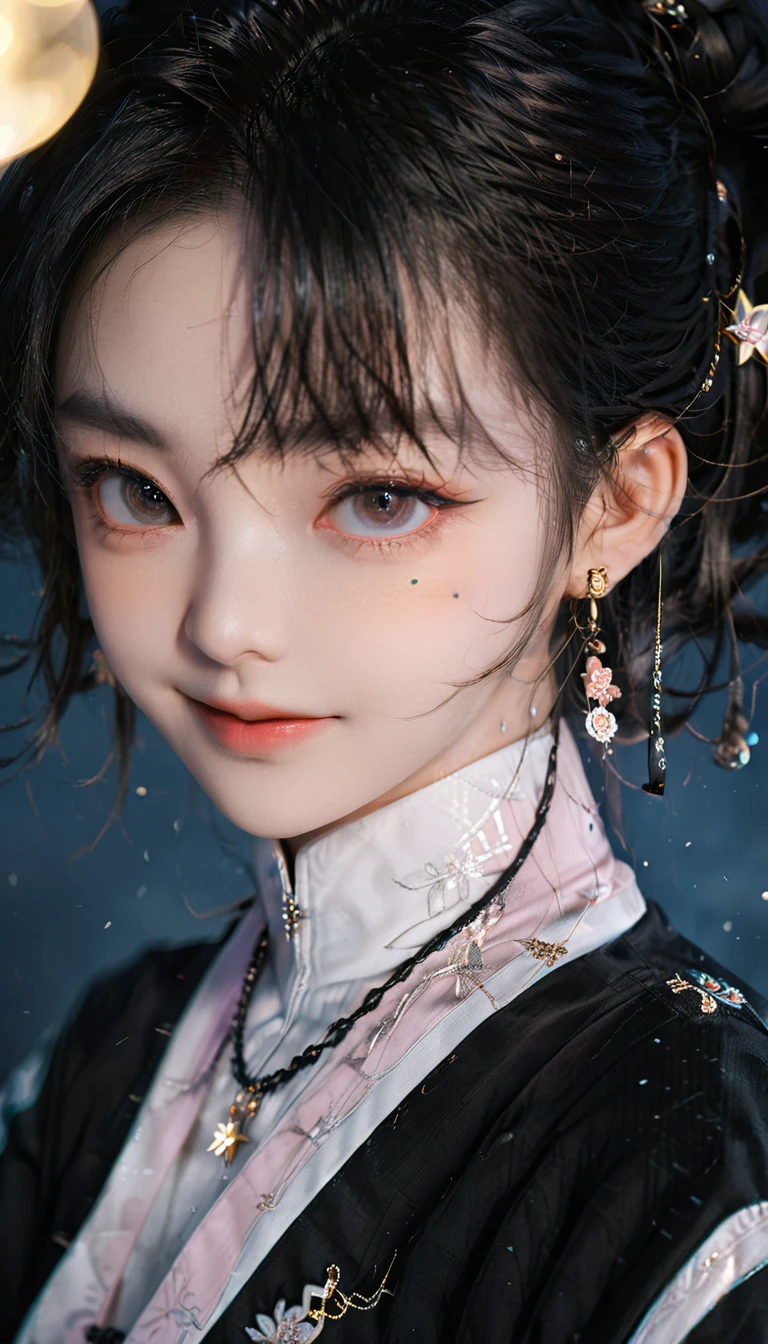 best quality, masterpiece, high resolution, 1 Girl,blush,(Charming smile:0.8),Star-shaped pupil,china hanfu,Hair accessories,necklace, Jewelry,Pretty Face,Above_Body, Tyndall effect,Reality, Dark Studio, Edge lighting, Two-tone lighting,(High Detail Skin:1.2), 8K uhd, Digital SLR Camera, Soft lighting, high quality, Volumetric Lighting, frank, photo, high resolution, 4K, 8K, Bokeh