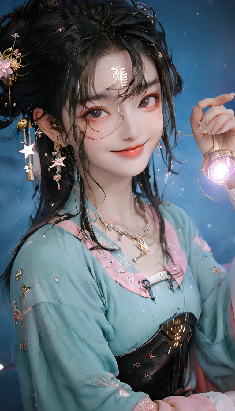 best quality, masterpiece, high resolution, 1 Girl,blush,(Charming smile:0.8),Star-shaped pupil,china hanfu,Hair accessories,necklace, Jewelry,Pretty Face,Above_Body, Tyndall effect,Reality, Dark Studio, Edge lighting, Two-tone lighting,(High Detail Skin:1.2), 8K uhd, Digital SLR Camera, Soft lighting, high quality, Volumetric Lighting, frank, photo, high resolution, 4K, 8K, Bokeh