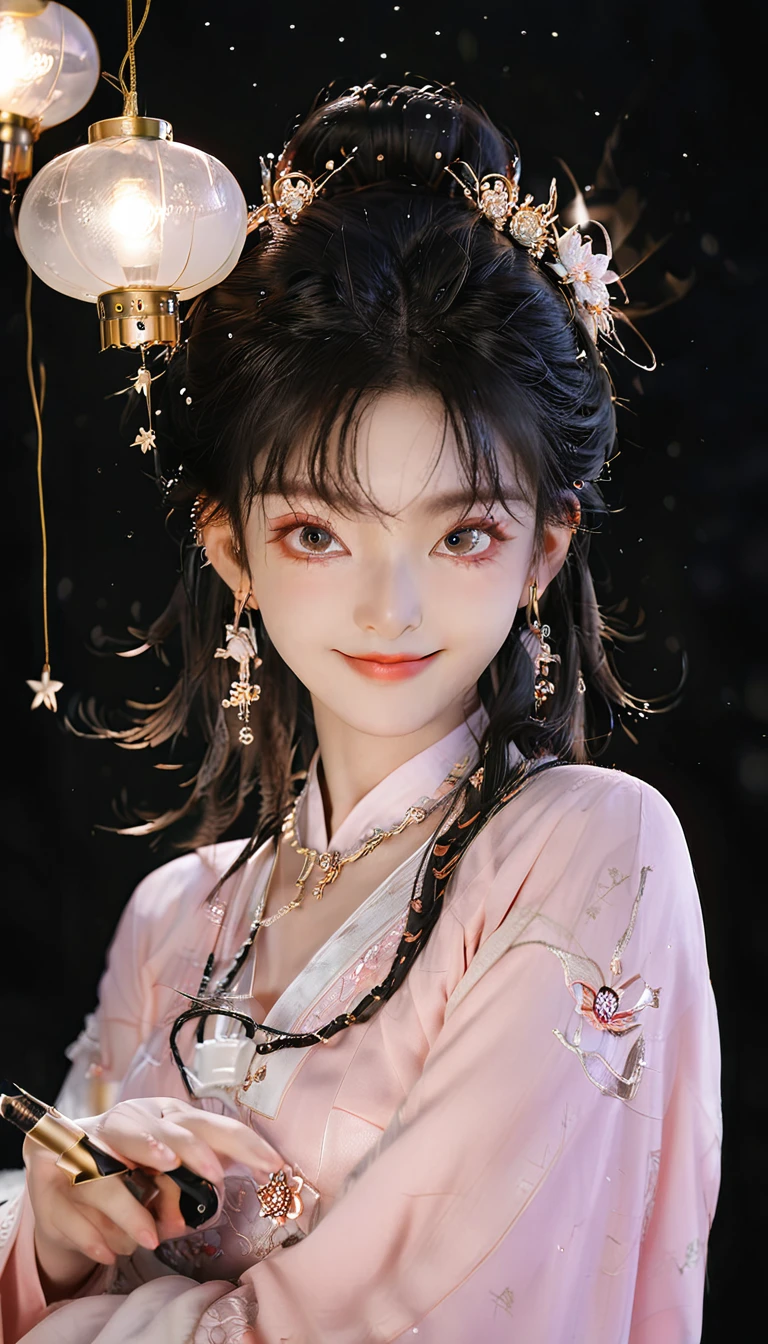 best quality, masterpiece, high resolution, 1 Girl,blush,(Charming smile:0.8),Star-shaped pupil,china hanfu,Hair accessories,necklace, Jewelry,Pretty Face,Above_Body, Tyndall effect,Reality, Dark Studio, Edge lighting, Two-tone lighting,(High Detail Skin:1.2), 8K uhd, Digital SLR Camera, Soft lighting, high quality, Volumetric Lighting, frank, photo, high resolution, 4K, 8K, Bokeh