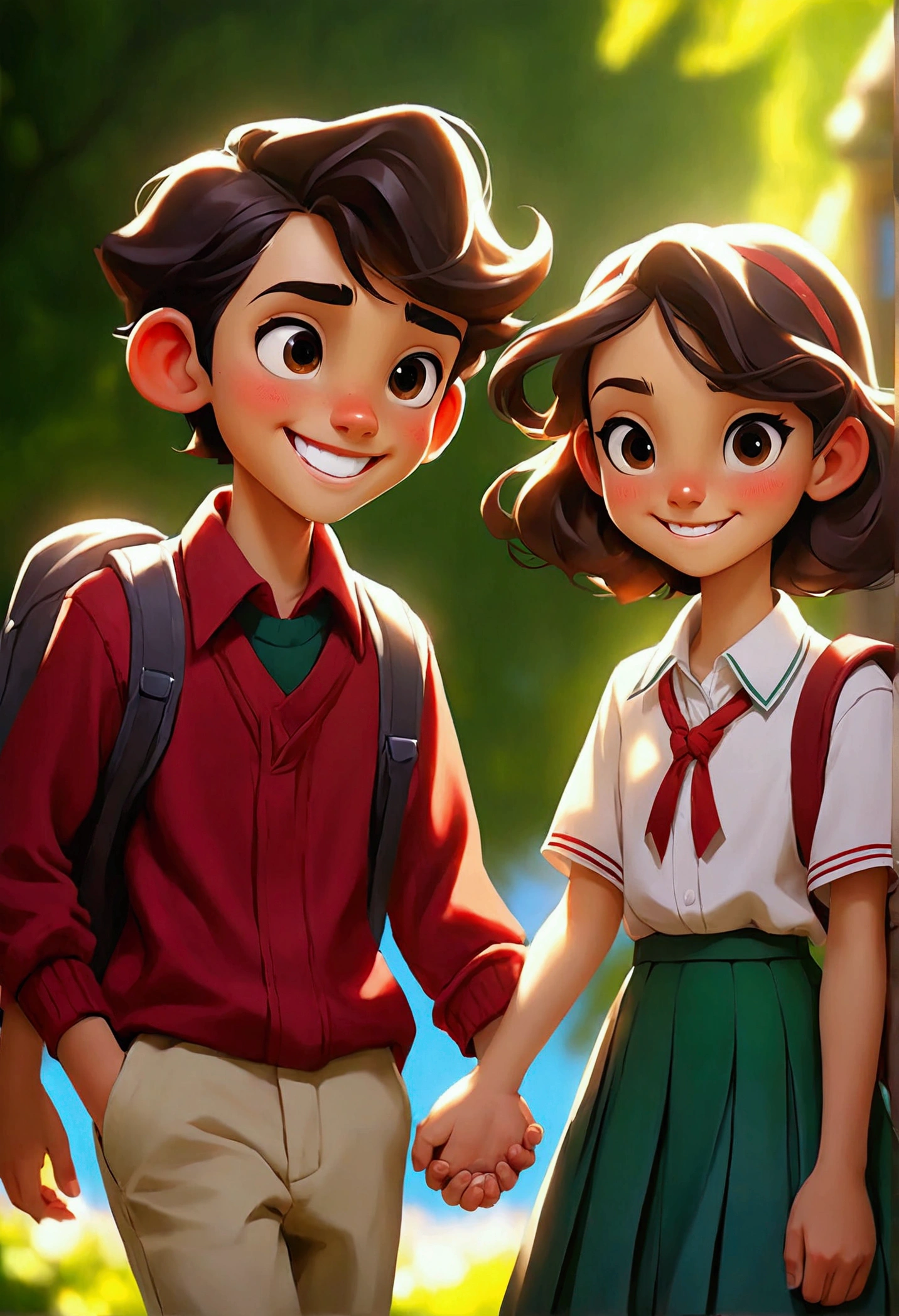 Smiling junior high school boys and girls holding hands on holiday
