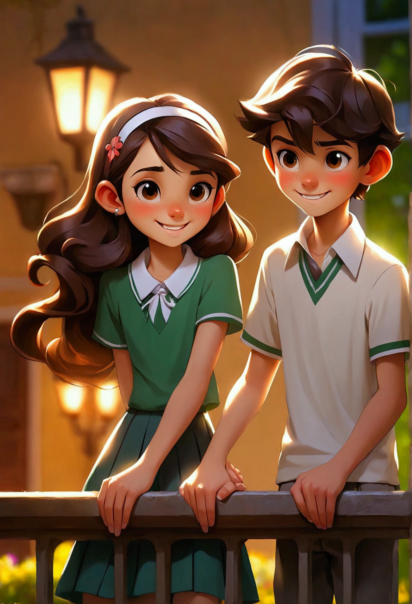 Smiling junior high school boys and girls holding hands on holiday