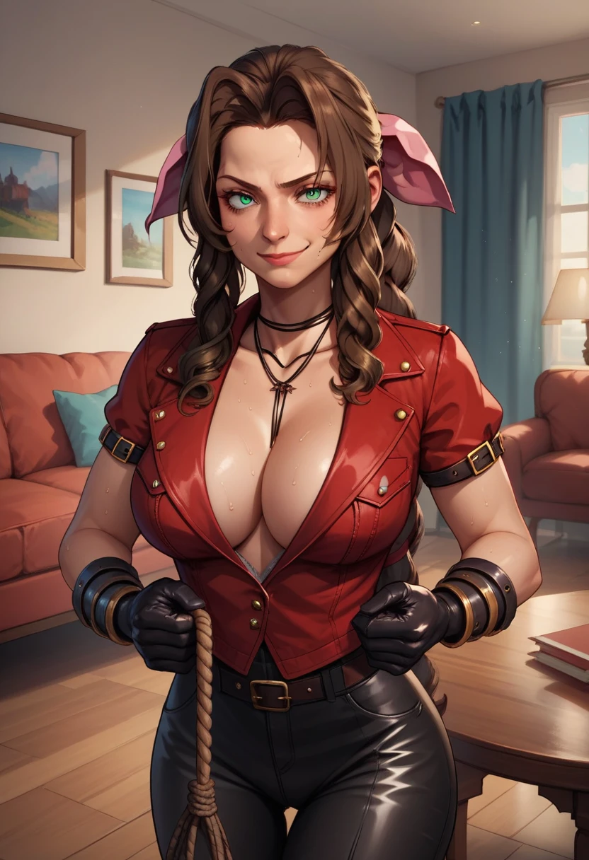 score_9, score_8_up, score_7_up, score_6_up, BREAK Aerith Gainsborough, wearing black leather outfit, leather gloves, big breasts, evil smirk,holding rope, sweating, in a living room, looking at viewer