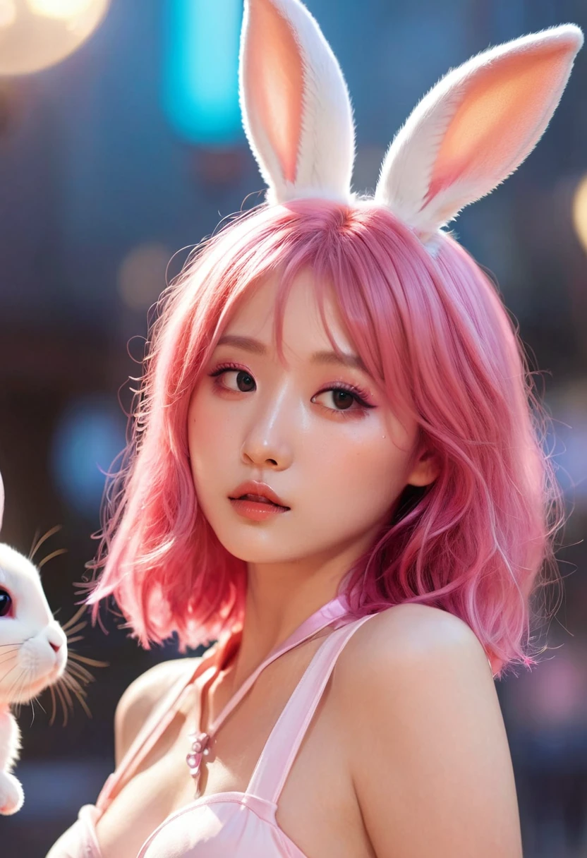 Cute sexy girl, Pink Hair, Bunny Girl, Surreal, Detailed lighting, Japanese Animation