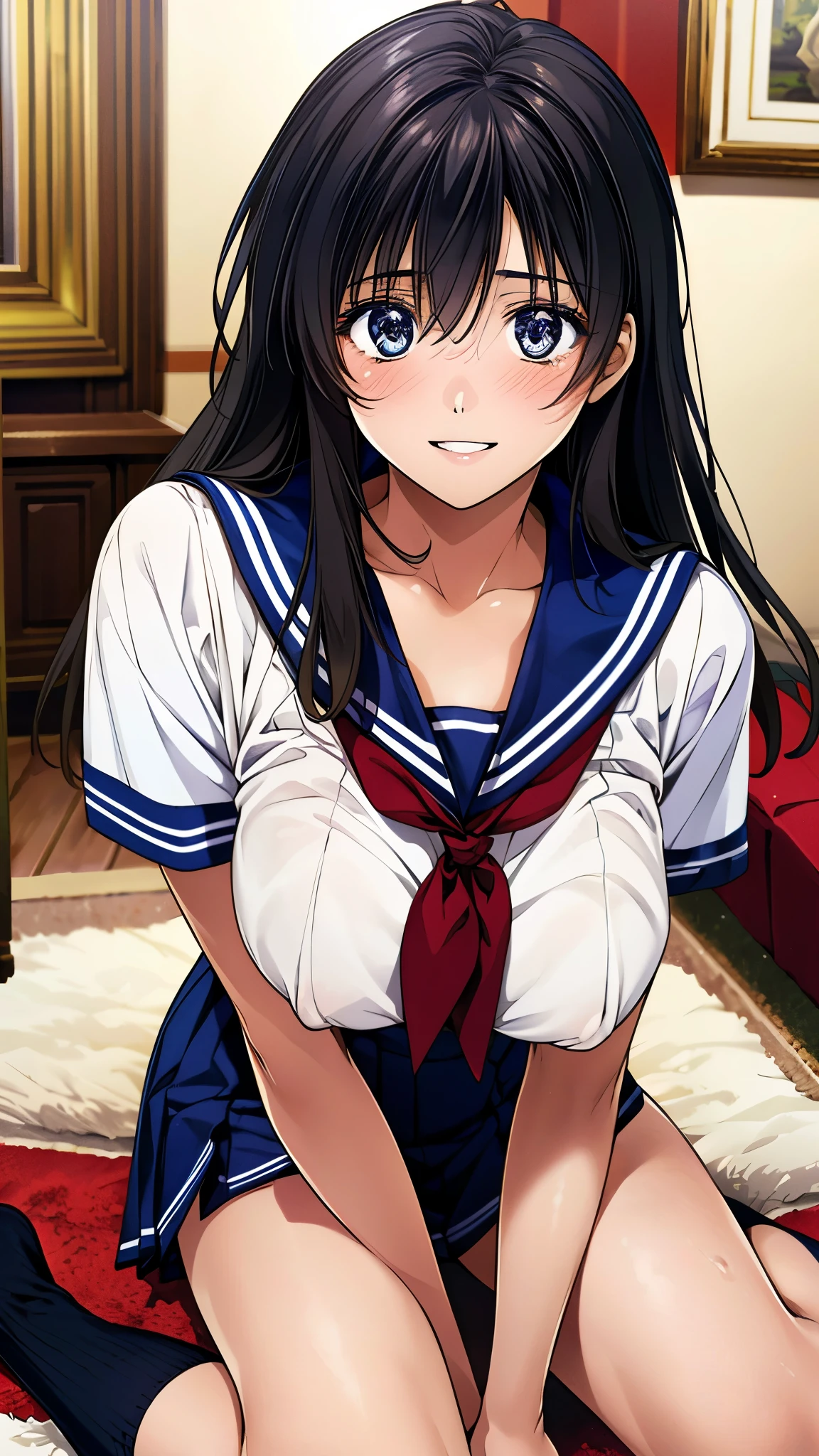 (masterpiece:1.2, top-quality, ultra high res, ultra detailed), (realistic, photorealistic:1.2), beautiful illustration, perfect lighting, natural lighting, colorful, depth of fields, nsfw, vulgality, 
beautiful detailed hair, extremely detailed face, beautiful detailed eyes, beautiful clavicle, beautiful body, beautiful chest, beautiful thigh, beautiful legs, beautiful fingers, 
looking at viewer, 1 girl, kitamurakaori, (perfect anatomy, anatomically correct, super detailed skin), cute and symmetrical face, 
perfect face, perfect eyes, perfect body, perfect fingers, (skindentation), white skin, shiny skin,  
(long hair, straight hair, messy hair:0.6, black hair), swept bangs, blue eyes, drooping eyes, long eyelashes, (large breasts, seductive thighs), slender, outstanding style, 
short sleeve, blue sailor suit, pleated skirt, red sailor scarf, black socks, 
(beautiful scenery), evening, (living room:1.2), wariza, (smile, parted lips), 