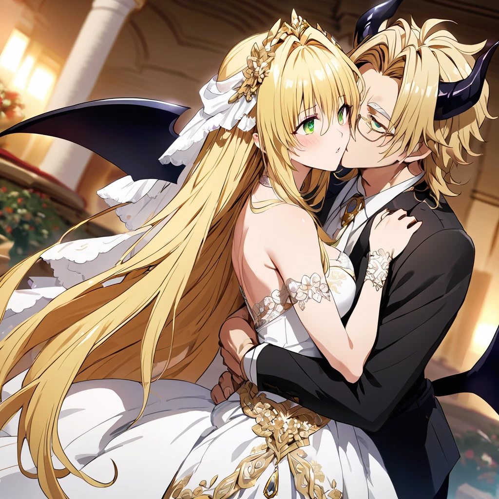 ((Highest quality)), ((masterpiece)), (detailed), （Perfect Face）、The woman was a beautiful jet-black demon named Tiare, with green eyes and medium-long blonde hair. She was wearing a pure white wedding dress and wedding veil with gorgeous gold embroidery and trim, an engagement ring, and gorgeous accessories. She was a beautiful, elegant, jet-black demon with gorgeous decorations and jewels.々Wife of Zeus, King of、She is a beautiful, jet-black-skinned demon with magnificent devil horns, devil wings, and a devil tail, and in a Greek mythological temple, she walks down the red carpet aisle with a man, embraces him, kisses him, and makes love to him, holding a wedding ceremony.、Zeus is a powerful and dignified old man in a Doric chiton, a god of Greek mythology.々King of the Elders and God of the Elders、The man and the woman are hugging each other, kissing each other in vows, making love and celebrating their wedding.