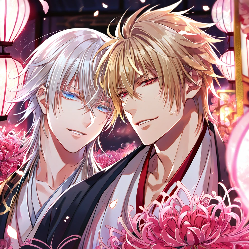 absurd resolution, high resolution, ultra detailed, detailed eyes, extremely detailed, HDR, 8K, Kazama Chikage, honey blonde hair, expressive red eyes, Hakuouki, Tsurumaru Kuninaga, white hair,expressive blue eyes, white eyelashes, two sexy men together, yaoi, gay couple, handsome, black haori, white kimono, red collar, fantasy, cool, magical, pink glittering butterflies, pink dust flying around, pink spider lilies, pink petals, pink lanterns, Japanese ambiance, indoors