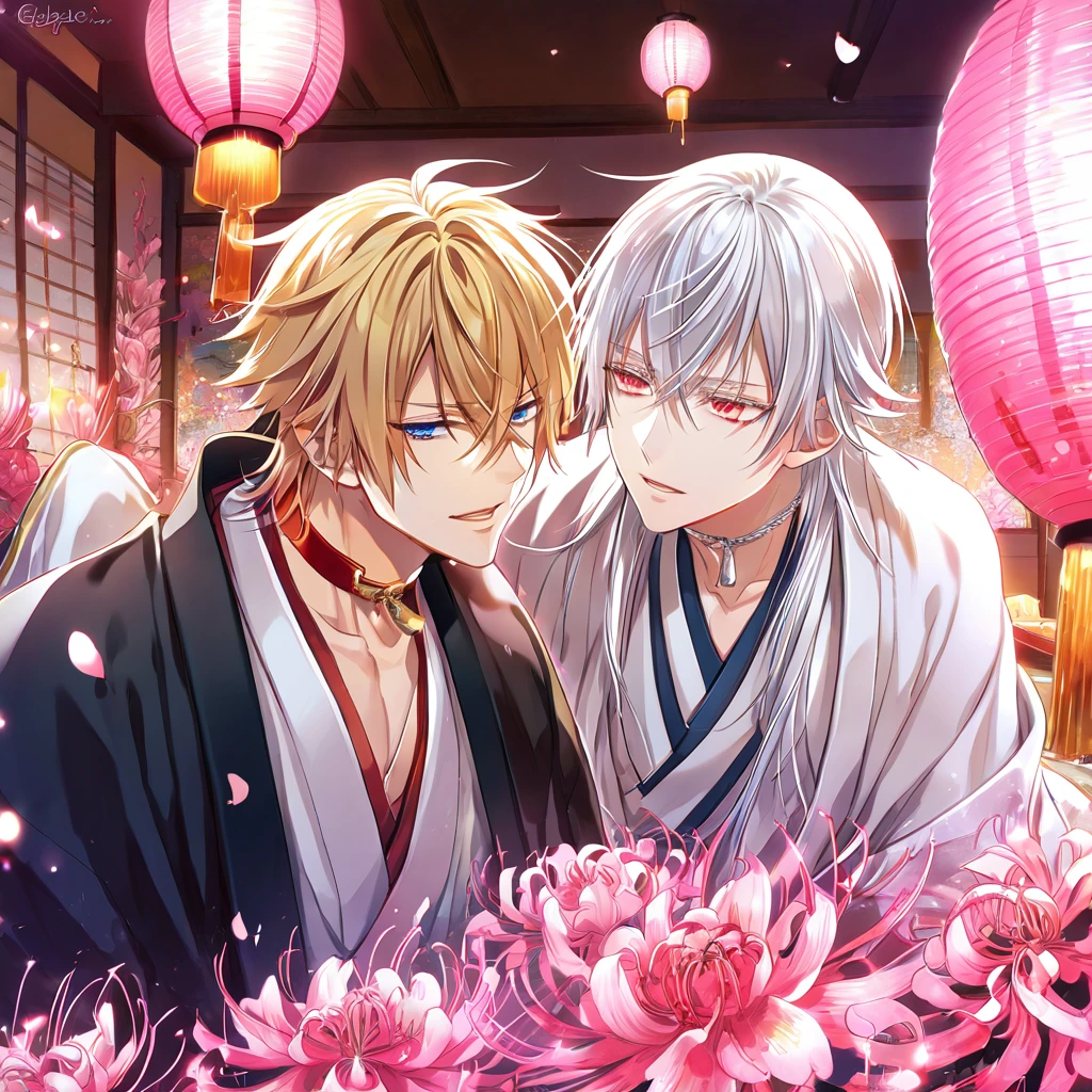 absurd resolution, high resolution, ultra detailed, detailed eyes, extremely detailed, HDR, 8K, Kazama Chikage, honey blonde hair, expressive red eyes, Hakuouki, Tsurumaru Kuninaga, white hair,expressive blue eyes, white eyelashes, two sexy men together, yaoi, gay couple, handsome, black haori, white kimono, red collar, fantasy, cool, magical, pink glittering butterflies, pink dust flying around, pink spider lilies, pink petals, pink lanterns, Japanese ambiance, indoors