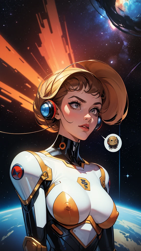 ((masterpiece, Highest quality)), 32K Wallpapers, Very detailed, posters, Vintage science fiction, 1960s,(((space thriller cinematic movie posters))), (Bauhaus), shape,Abstract, Midcentury Modern, movie posters, Vintage, A woman fused with a robot,アニメ,1970s,Halftone,Speech bubble,Milky Way,(superhero),((portfolio,close)),Cyborg of the Future,Combination of machine and woman,Space,Cyborg Lady,Big Breasts,Erect nipples,