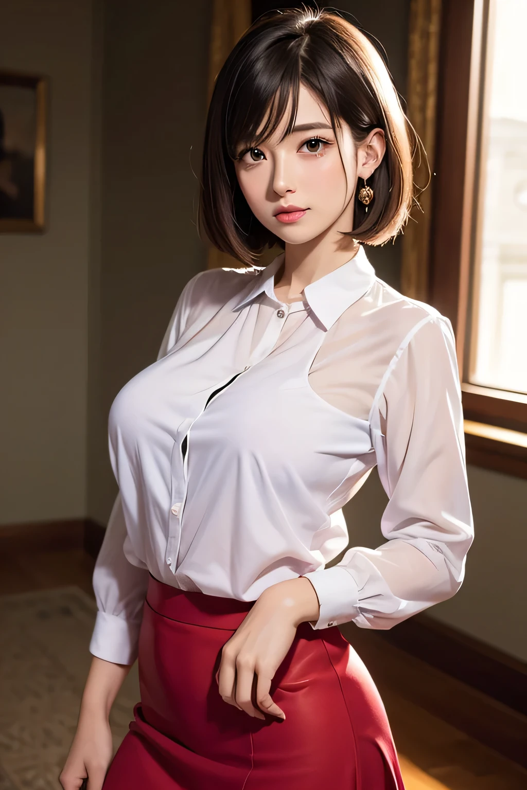 One Woman, alone, middle aged, Beautiful middle aged woman、I could see the whole body、 ((short hair)), ((Brown eyes, Beautiful eyelashes, Realistic eyes)), ((Detailed face, blush:1.2)), ((Smooth texture:0.75, Realistic texture:0.65, Realistic:1.1, Anime CG style)), ((Glamorous Body)),((Big Breasts)), Dynamic Angle, Perfect body, ((Light purple transparent blouse, Red Skirt))、(Hotel stairs)、that'the wind is strong、(Very embarrassing panic smile)、I can see her panties peeking out right in front of me.., Angle looking up from the top of the stairs、 (((The wind flipped up her skirt、Your pants are completely visible..、Pink floral panty star piece, Highest quality, High resolution, Pixel Perfect, 8k,))),