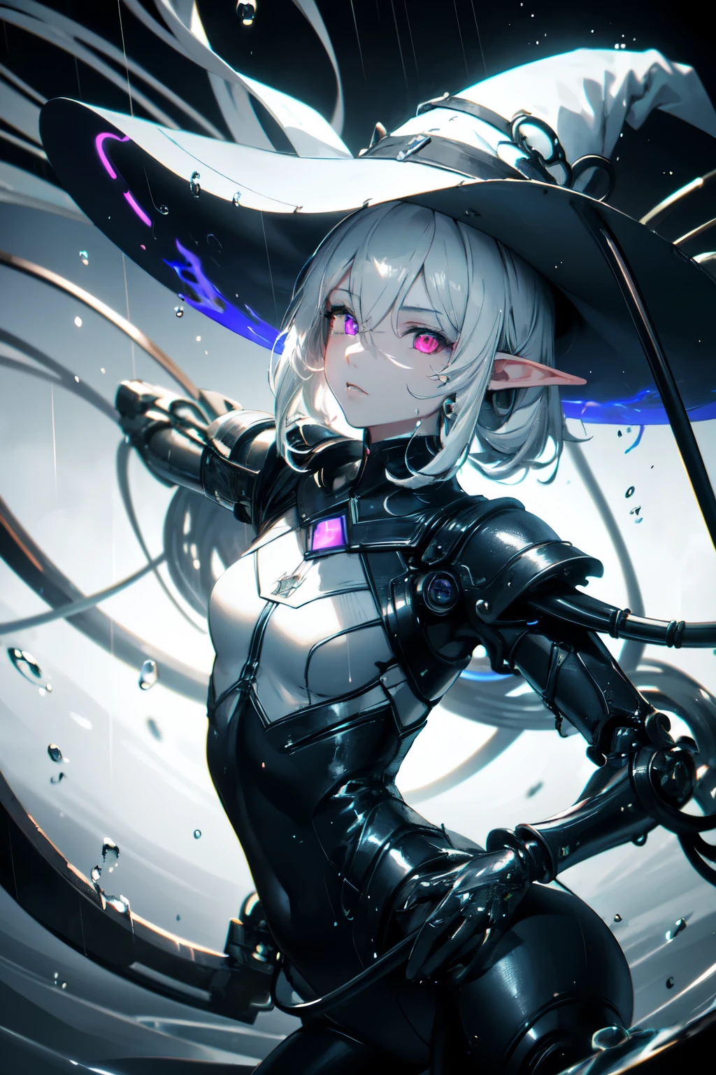 (masterpiece, Best quality, ultra detailed, best shadow), (detailed background,dark fantasy), (beautiful detailed face), high contrast, (Better lighting, very gentle and beautiful), ((cinematic light)), colorful, hyperdetailing, dramatic light, complex parts, (1 girl, elf, Red eyes, Sharp face, White hair, hair between eyes, white clothes, white high top shoes, Dynamic angle, The White Hat of the Witch, black mechanical arm), (swirling black light around the character:1.5), depth of field, Black light particles, (shower), (stands on the water) (character wet from rain), (raindrops), (purple flame), (quality eyes), (detailed eyes), (detailed character body),
