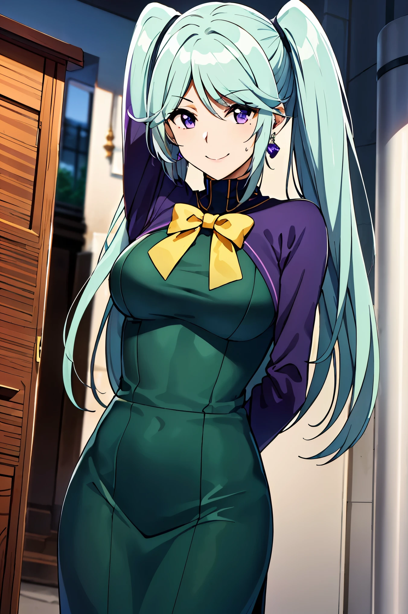 1girl, bangs, blue hair, gold trim, breasts, purple eyes, purple gemstones, smile, solo, very long hair, twintails, 
BREAK (green dress with a yellow bow tie and earrings:1.2),
BREAK （perspire，Sweat a lot，Blushlush，Be red in the face，Blushlush），Stand at the door of the phone booth,arms behind back,
BREAK ball gown, in the garden of trees, wedding decorations, 
BREAK ((top quality, 8k, masterpiece: 1.3, ultra hd, high quality, best quality, high definition, realism)), sharp focus: 1.5, Beautiful woman with Slim body, (perfect hands, perfect anatomy),