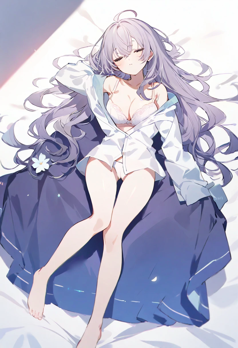 (muste piece), (best quality), (score_9, score_8_up, score_7_up), very detailed eyes, expressive eyes, perfect face, very detailed face, highly detailed face, beautiful girl, 8K, beautiful girl, white background, delicate and beautiful face and eyes, dark intense shadow, 1 girl, vtuber style, cool girl, hololive, SakuraMiko, long hair, ahoge, unbuttoned pajamas, bra, cameltoe, ass visible through thighs, big chest, Cleavage, clavicle, closing eyes, sleeping, breathing, (full body), barefoot, naked thighs, lying on bed, from below, pov crotch,