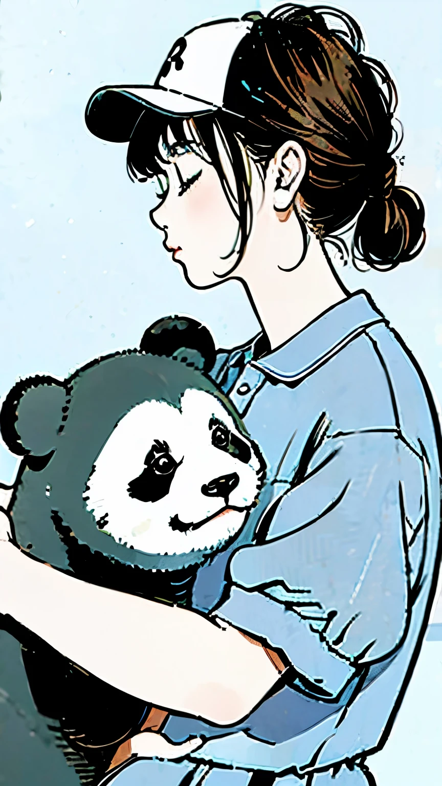 Giant panda hugging a girl、profile、Upper Body、Blue short sleeve polo shirt、Blue baseball cap、sunny、Dropped ears、Simple Background