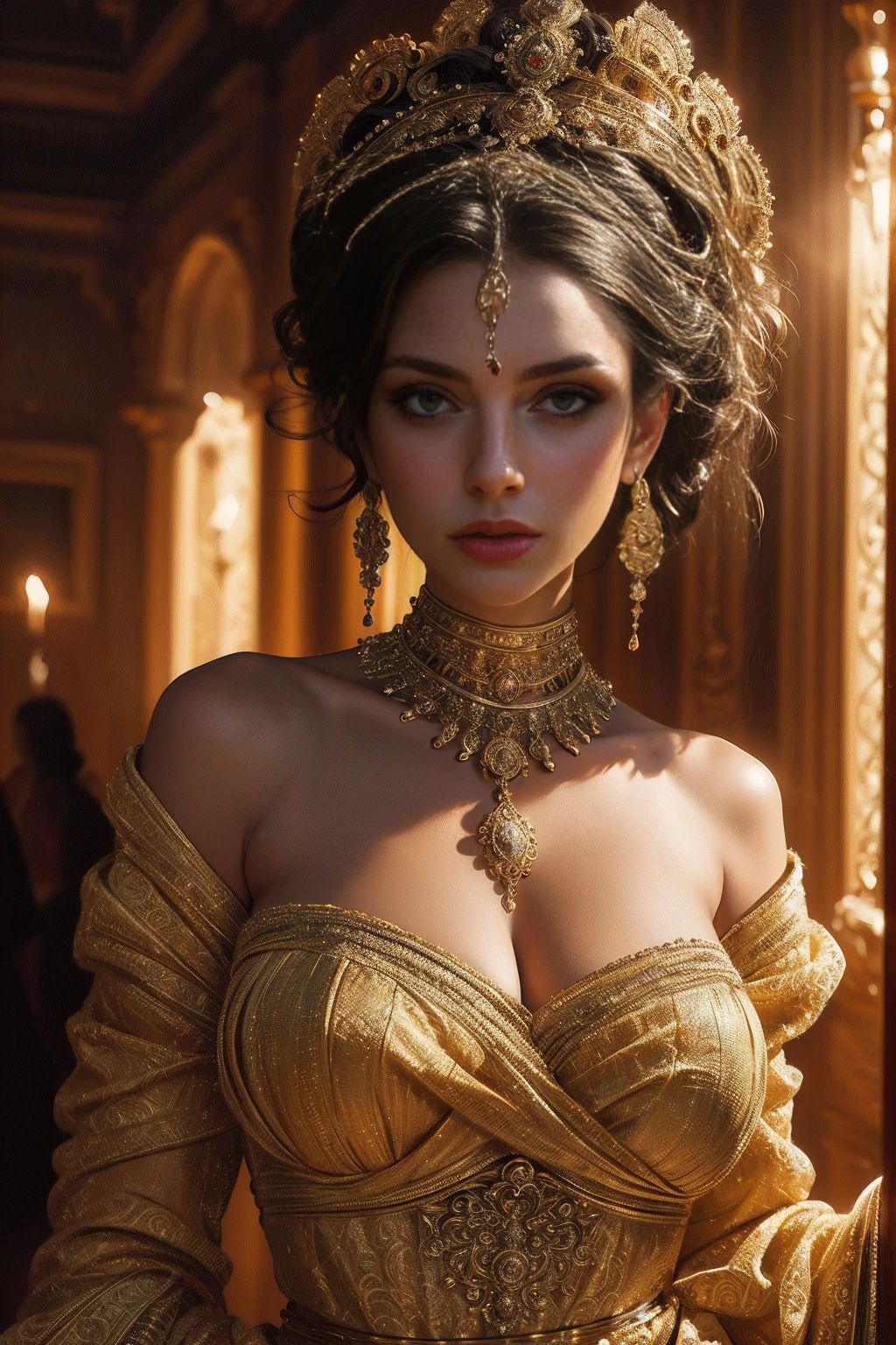 A beautiful, captivating goddess of debauchery, sensual and alluring, her piercing gaze commands attention, elegant flowing dress, intricate headdress, ornate jewelry, dynamic pose, chiaroscuro lighting, cinematic composition, rich saturated colors, oil painting, digital art, photorealistic, 8k, high quality, masterpiece