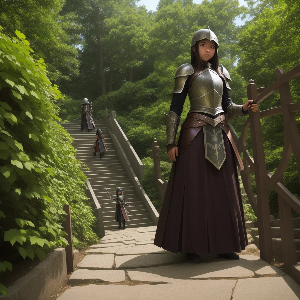 最high quality、high quality、10 years old、Girl Adventurer、Climb the maze stairs、Leather Armor、Long skirt、Equipped with a dagger and a shield、