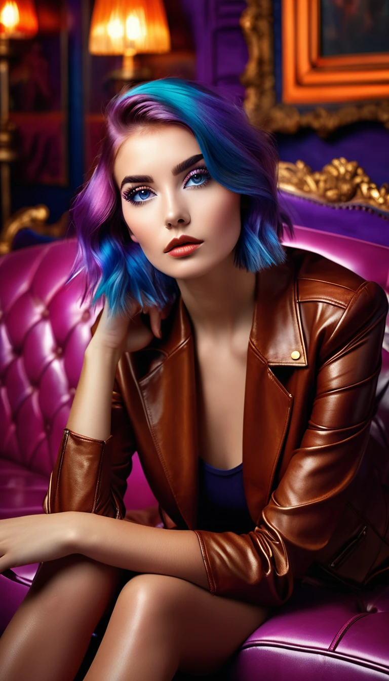 fullbody, (Fashion Model), pov, straight-on, Under the lighting of the studio, a delicate portrait of a woman stands out in front of me. She has dreamy and colorful hair, agile and profound eyes, sitting on a retro style leather sofa surrounded by carefully arranged props and background cloth. Her face is elegant and three-dimensional, her figure is natural, and her eyes look into the distance, full of artistic and mysterious feelings, as if it is a profound interpretation of beauty, life, and soul,photography studio, female portrait, colorful hair, vivid eyes, retro style, leather sofa, props, background cloth, purple, blue, orange, pink, gold, silky, flexible, iris, lashes, curved, lips, red, full, upturned corners, nose, bridge, elegant, natural, gaze, distant, artistic, mysterious, beauty, life, soul