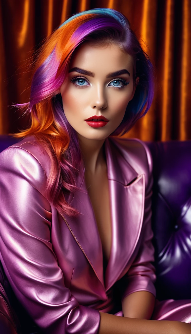 fullbody, (Fashion Model), pov, straight-on, Under the lighting of the studio, a delicate portrait of a woman stands out in front of me. She has dreamy and colorful hair, agile and profound eyes, sitting on a retro style leather sofa surrounded by carefully arranged props and background cloth. Her face is elegant and three-dimensional, her figure is natural, and her eyes look into the distance, full of artistic and mysterious feelings, as if it is a profound interpretation of beauty, life, and soul,photography studio, female portrait, colorful hair, vivid eyes, retro style, leather sofa, props, background cloth, purple, blue, orange, pink, gold, silky, flexible, iris, lashes, curved, lips, red, full, upturned corners, nose, bridge, elegant, natural, gaze, distant, artistic, mysterious, beauty, life, soul