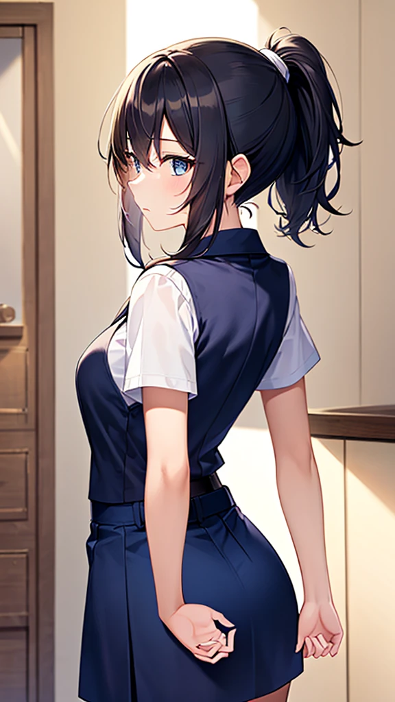 (((Masterpiece))),(((Best quality))),((Super detailed)),(illustration)，Mature teenage girl，Black hair and blue eyes girl，A calm expression，Eyes looking elsewhere，(With your back to the audience)，Wearing high ，white collared shirt with rolled up sleeves，loose navy blue necktie with gray stripes，blue navy short skirt，black thighs，black vest，A long ponytail，((The girl is tying her ponytail with both hands raised))，((Wearing high school uniform))，Stand in front of the wardrobe