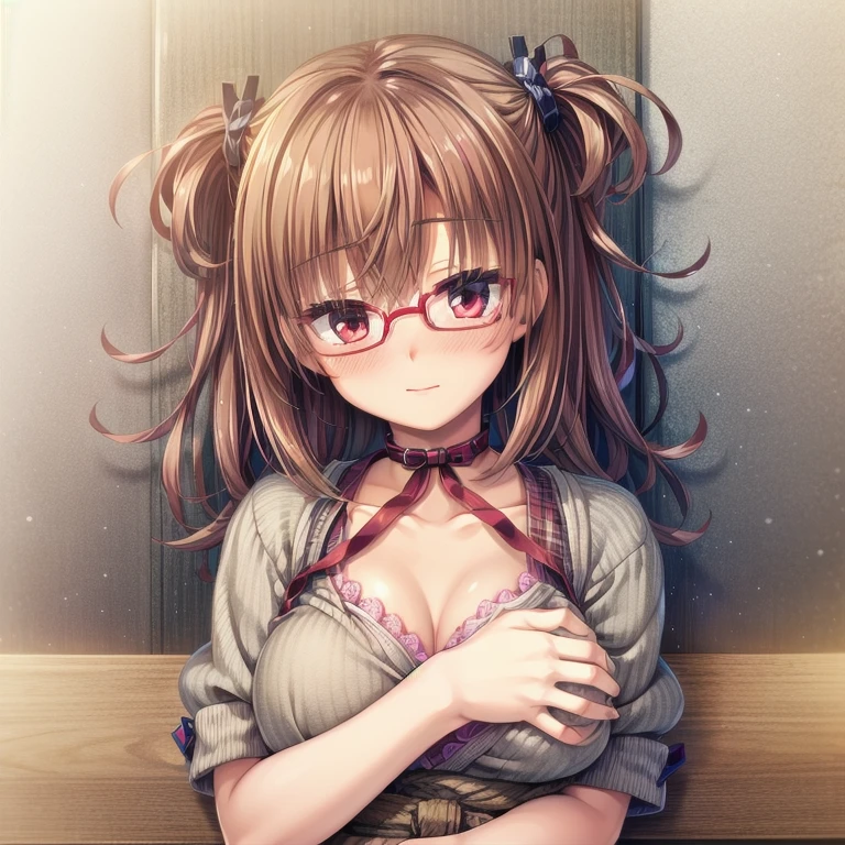 (Tabletop:1.0), (highest quality:1.4), (High resolution:1.2), From the side,Sharp contours,  boyish, highest quality, masterpiece,Glasses,Voice of the Heart,20-year-old woman,yandere,Big Breasts,Chest to chest,Upper Body,Ecstasy,blush,Squint your eyes,Tuck up your clothes,lure, ninja 