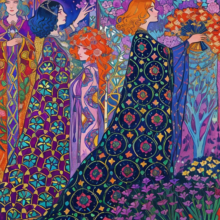 a painting of three women in colorful dresses with flowers, by Georges Lemmen, by Józef Mehoffer, by Stanisław Wyspiański, by Georges Lacombe, by József Breznay, by Harry Clarke, by Olga Rozanova, andrey remnev, by Nadya Rusheva, harry clarke artwork