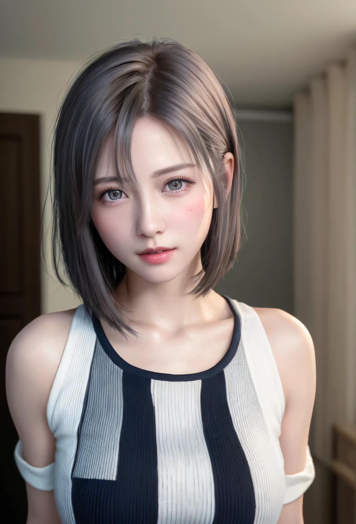 (8K, Photorealistic, Raw photo, of the highest quality: 1.3), (1girl in), Super beautiful, (Realistic face), (boyish, Silver Color Berry Shorthair), Beautiful , Glare that captivates the viewer, Beautiful expression, Beautiful breasts, (Realistic skin), Be...